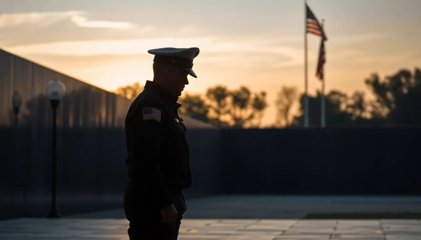 Service member reflecting at a memorial, representing the veteran PTSD experience